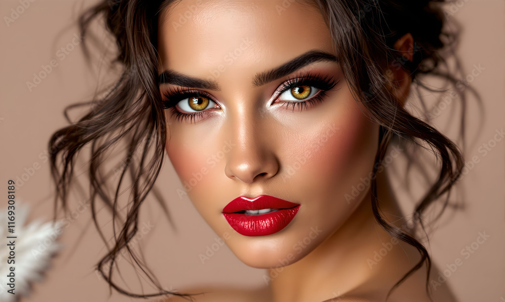 close-up of a woman with beautiful, well-groomed hair, pink lipstick, and a red lip color. The background is a light brown color. close-up of a woman with beautiful, well-groomed hair, pink lipstick, and a red lip color. The background is a light brown color.