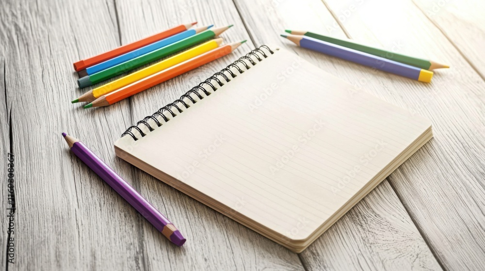 colorful pencils, pens, and a notebook on a wooden desk colorful pencils, pens, and a notebook on a wooden desk