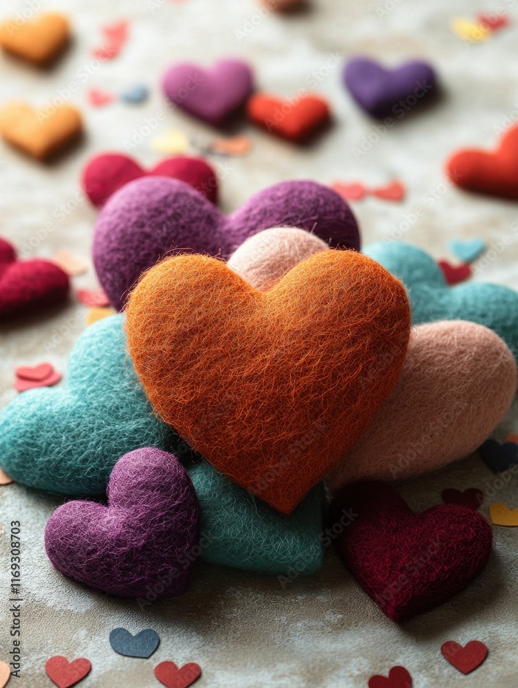 Obraz premium Felt 3D Valentine’s Day hearts on a light-colored background with scattered smaller hearts