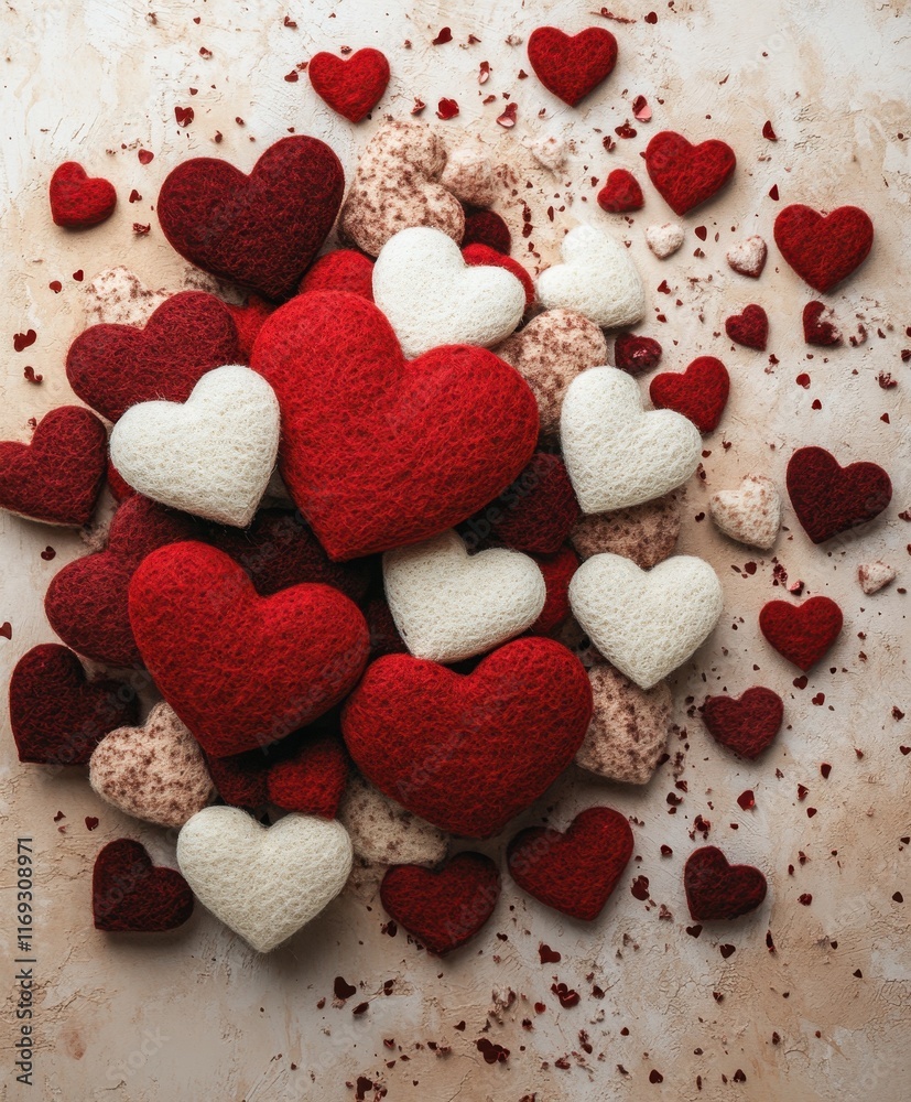 Obraz premium Felt 3D Valentine’s Day hearts on a light-colored background with scattered smaller hearts