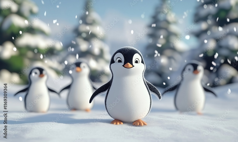 Obraz premium Cute cartoon penguins playing in snowy landscape with trees, cheerful expressions, winter wonderland scene