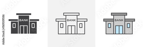 Bank building icons in black and colored versions