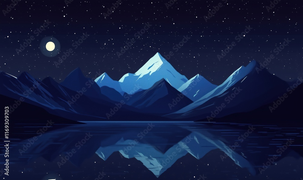 Fototapeta premium Majestic mountain landscape under starry night sky with moonlight reflection on calm lake surface