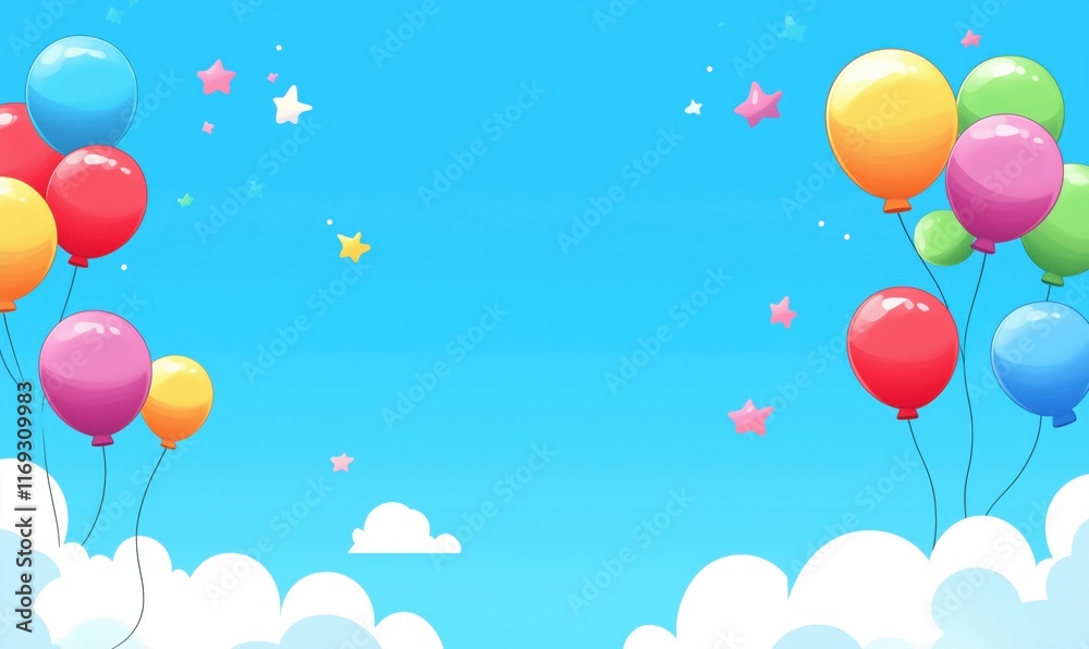 Colorful balloons floating in bright blue sky with fluffy clouds and whimsical stars, perfect for celebrations and festive occasions Colorful balloons floating in bright blue sky with fluffy clouds and whimsical stars, perfect for celebrations and festive occasions