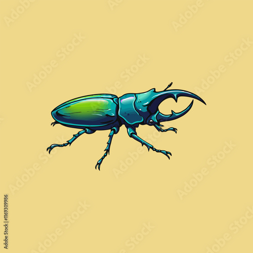 A stylized illustration depicts a vibrant blue and green stag beetle in profile view against a pale yellow background.