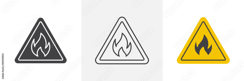 Fire warning signs set in black and colored versions Fire warning signs set in black and colored versions
