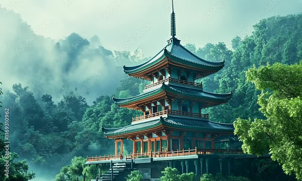 Serene Pagoda nestled in a misty, lush green mountain forest. Serene Pagoda nestled in a misty, lush green mountain forest.