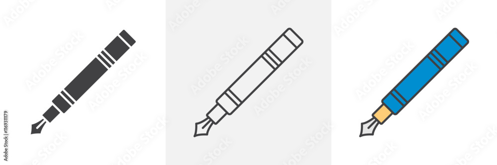 Fountain pen icons in black and colored versions Fountain pen icons in black and colored versions