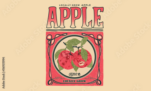 Sweet and juicy apple fruit artwork. Fresh apple fruit print. Organic food artwork for for t-shirt. Fruit vintage t-shirt design. Nature fruit print design.