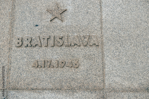 Canvas Print Slavin Second Word War  memorial monument and military cemetery in snowy, foggy
