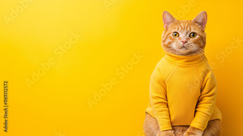 A charming orange cat wearing a yellow sweater sits against a bright yellow background, exuding cuteness and warmth.