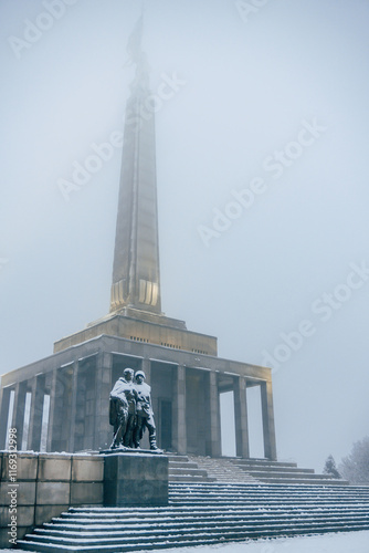 Slavin Second Word War  memorial monument and military cemetery in snowy, foggy weather in Bratislava, Slovakia photo