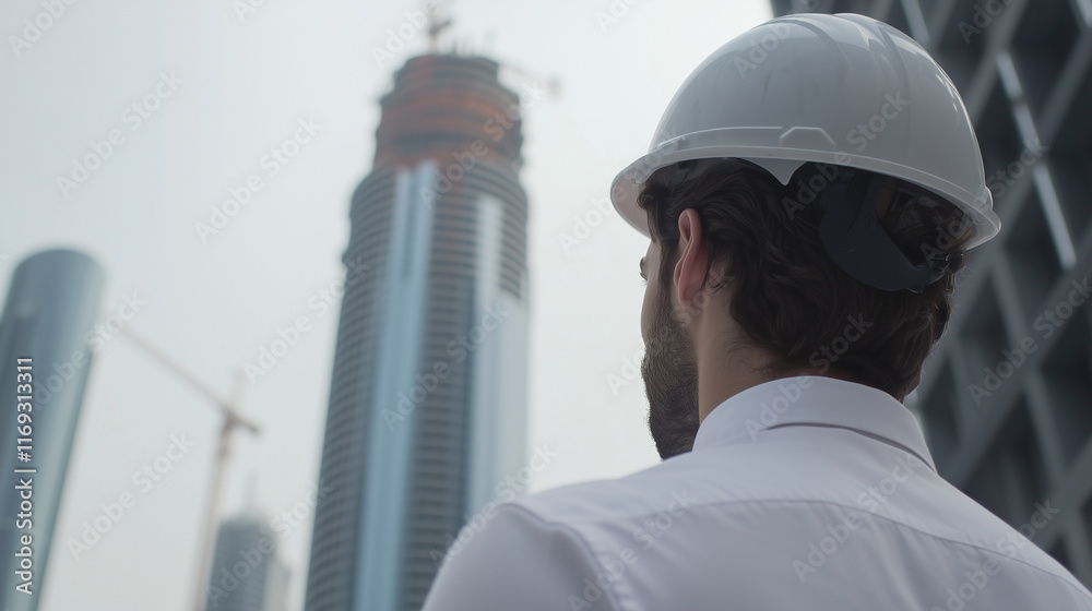 Professional Engineer Observing Urban Skyscraper Development Professional Engineer Observing Urban Skyscraper Development