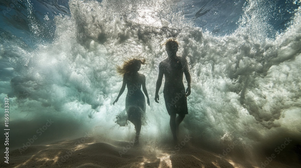 Fototapeta premium Silhouetted couple adventurously exploring a dramatic moody and surreal waterfront landscape with crashing waves mist and ethereal lighting