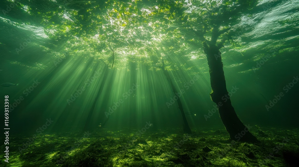 Obraz premium Sunlight beams shining through the lush green foliage and canopy of a tranquil serene forest pond with the underwater vegetation and moss covered logs reflected in the calm rippling water surface