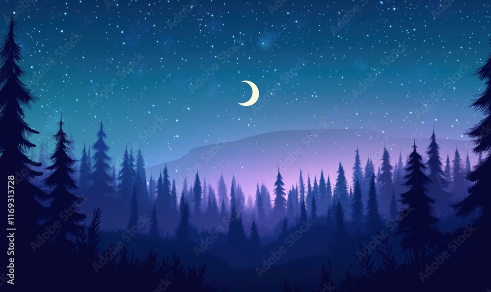 Naklejka premium Starry Night Sky Over Silhouetted Pine Forest with Crescent Moon and Misty Mountains