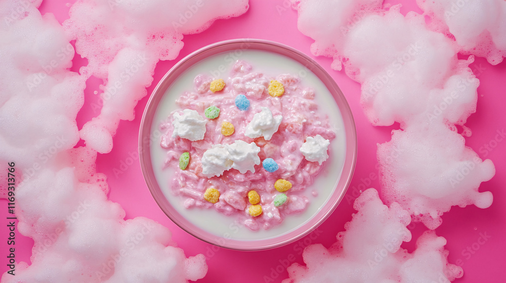 Fototapeta premium A colorful dessert bowl with pink whipped cream and pastel candies, surrounded by fluffy cotton-like clouds against a bright pink background.