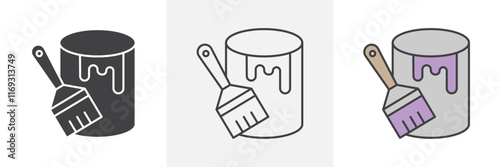 Paint bucket and paint brush icons in black and colored versions