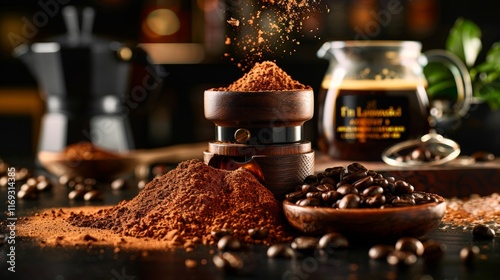 Aromatic coffee grinding  woman s hand using a wood grinder with beans and coffee pot in background photo