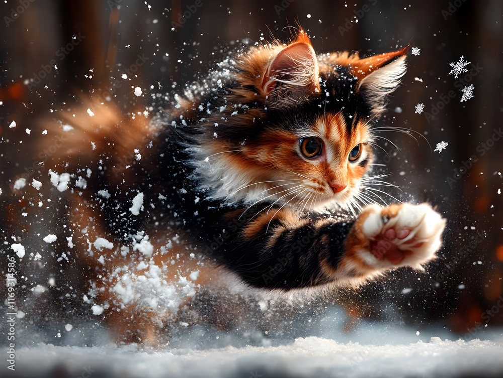 Graceful calico feline leaps with nimble playful movements to capture drifting snowflakes in a captivating paint like winter tableau showcasing a plush vividly patterned coat wide eyed curiosity Graceful calico feline leaps with nimble playful movements to capture drifting snowflakes in a captivating paint like winter tableau showcasing a plush vividly patterned coat wide eyed curiosity