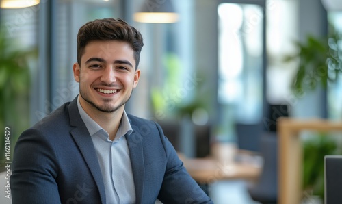 Smiling young professional in modern office environment, showcasing confidence and approachability, dressed in smart casual attire, with greenery in background