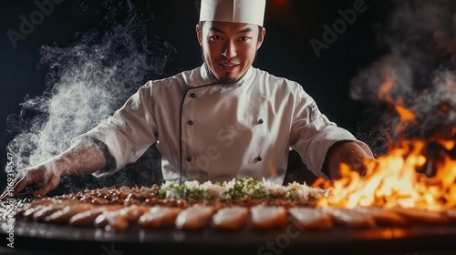 Hibachi chef preparing japanese food with flames and smoke photo