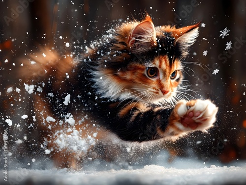 Graceful calico feline leaps with nimble playful movements to capture drifting snowflakes in a captivating paint like winter tableau showcasing a plush vividly patterned coat wide eyed curiosity photo