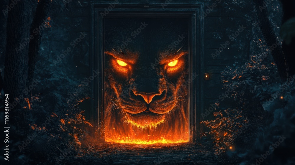 Obraz premium Fiery Lion Emerging From Dark Forest Doorway