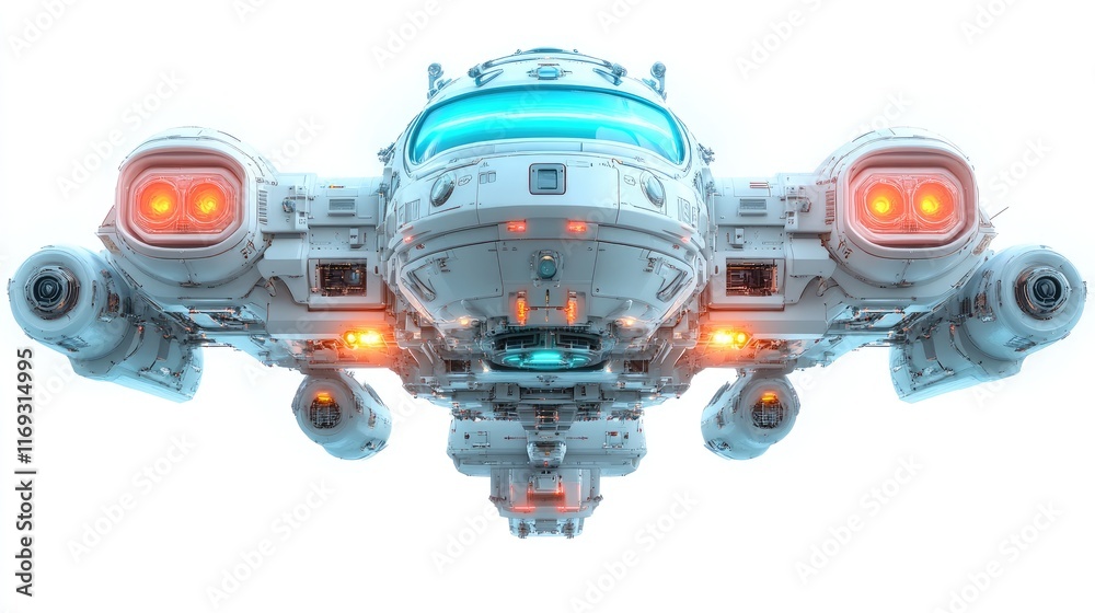 Fototapeta premium A futuristic white spaceship with glowing orange and blue accents. Ideal for sci-fi games or movie scenes.