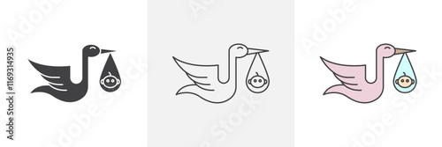 Stork with baby icons in black and colored versions