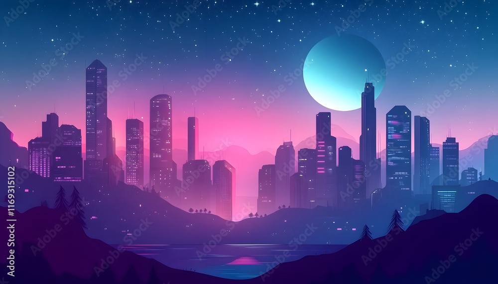 Fototapeta premium Futuristic Cityscape at Night Under a Large Moon