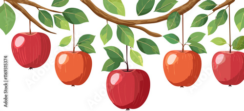 A vibrant row of perfectly red apples beautifully hangs from a sturdy branch that is adorned with lush, green leaves, creating a truly picturesque scene
