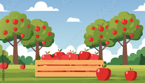 In a picturesque orchard, there is a wooden box that is completely filled with fresh and ripe apples, showcasing the beauty of natures bounty