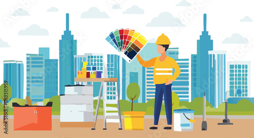 A construction worker is holding a vibrant color palette in front of a stunning city skyline filled with highrise buildings and skyscrapers