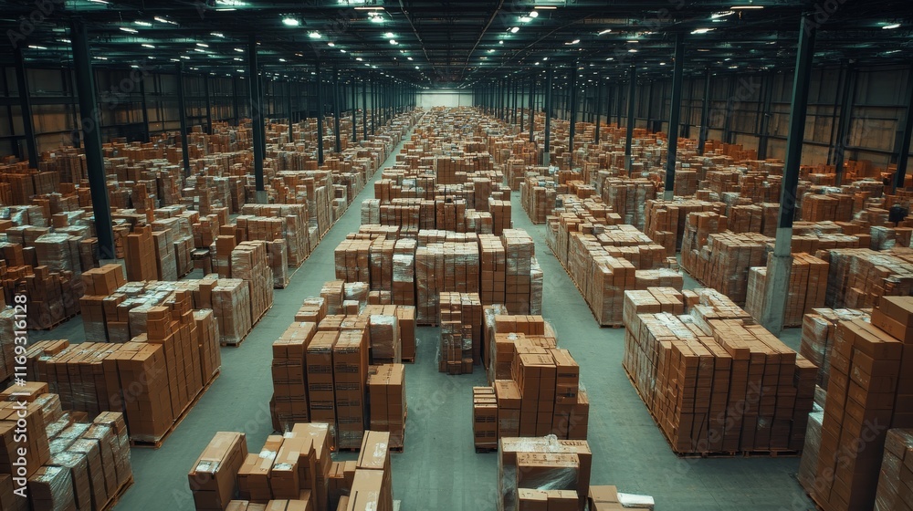 Efficient industrial warehouse filled with stacked boxes for product distribution, showcasing modern storage solutions and logistics operations in a high-capacity facility Efficient industrial warehouse filled with stacked boxes for product distribution, showcasing modern storage solutions and logistics operations in a high-capacity facility