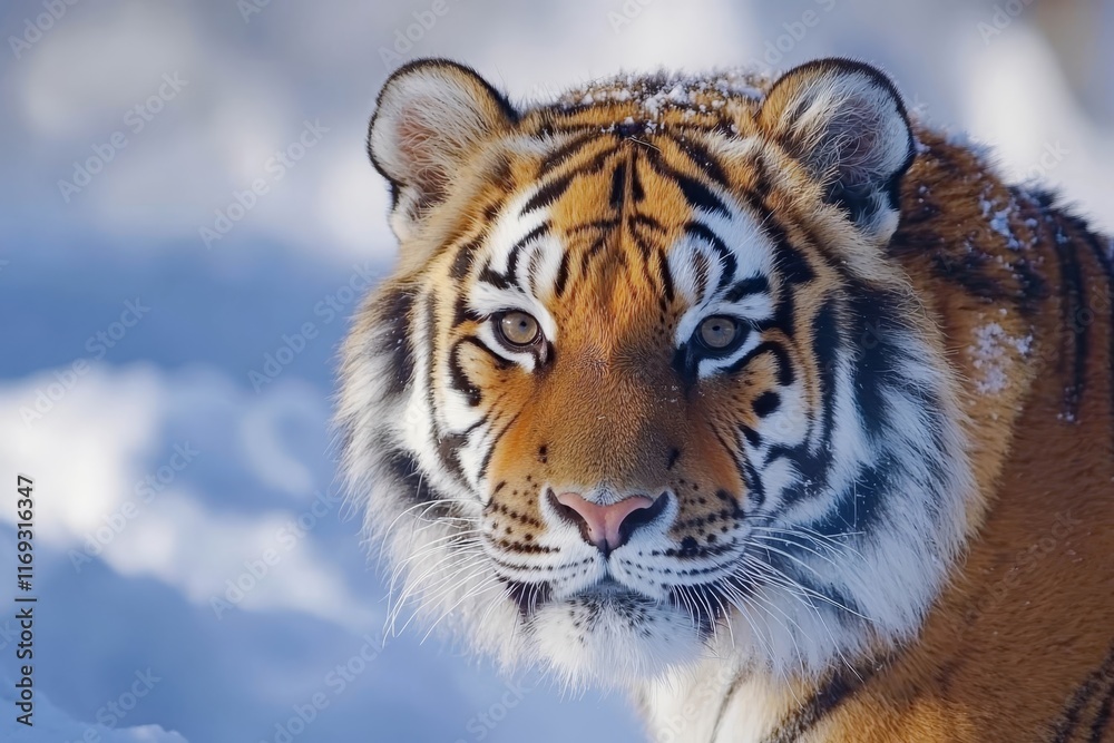 Obraz premium Close up of the face of an Amur Tiger Panthera tigris altaica, also called a Siberian tiger.
