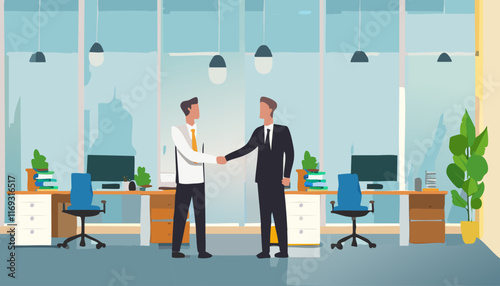 Two welldressed businessmen are shaking hands warmly in a modern office, signifying a positive agreement or partnership ahead