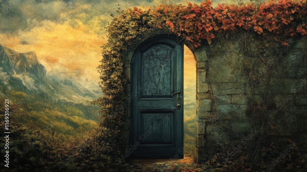 Enchanting Doorway Opens To A Misty Mountain Landscape Enchanting Doorway Opens To A Misty Mountain Landscape