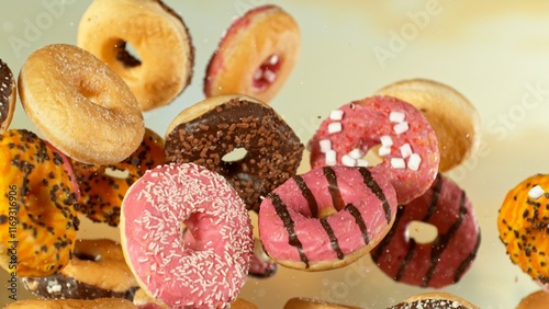 Freeze Motion Shot of Flying Tasty Donuts , Close-up