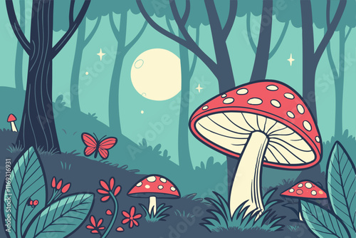 A vibrant digital painting of a forest filled with glowing mushrooms, magical creatures, and soft moonlight filtering through the trees