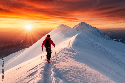 A solitary hiker climbing a snowy mountain trail, their journey guided by the distant glow of the summit