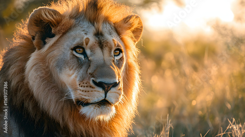 Majestic African Lion at Golden Hour Sunset