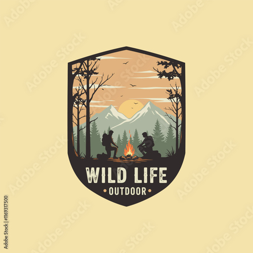 A vintage-style illustration depicts two hikers enjoying a campfire beneath a sunset in a mountainous forest setting.