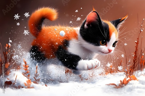 Mischievous calico cat bounding through a enchanting snow dusted landscape chasing after dancing snowflakes with a vibrant well groomed coat playful demeanor and keen predatory focus photo