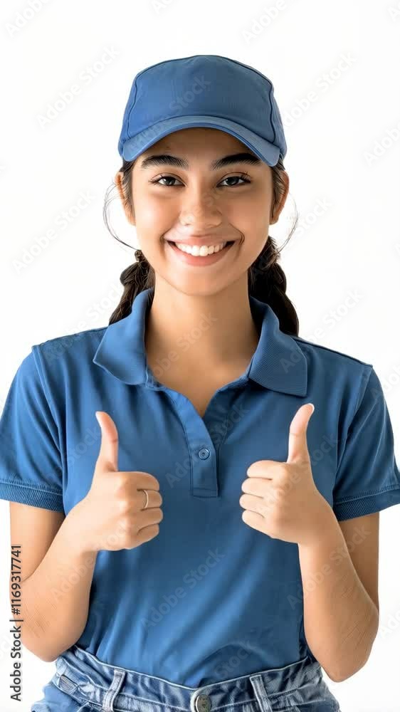 Portrait of happy teenage Latin American employee girl wearing blue polo t-shirt and cap doing thumbs up. White background Portrait of happy teenage Latin American employee girl wearing blue polo t-shirt and cap doing thumbs up. White background