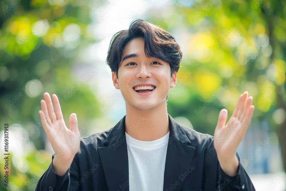 Surprised worry free handsome Asian man in semi formal clothes smiling. Surprised worry free handsome Asian man in semi formal clothes smiling.
