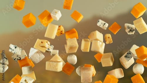 Freeze Motion of Flying Tasty Cheeses , close-up