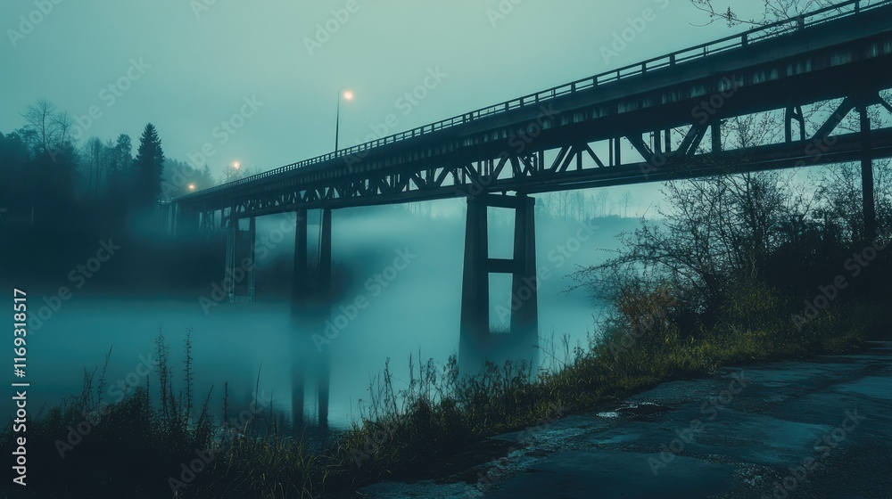 Mysterious Foggy Scene Under Bridge at Dusk with Reflections Mysterious Foggy Scene Under Bridge at Dusk with Reflections