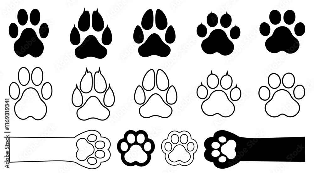Fototapeta premium Cat paw print Dog paw print cat hand black white silhoutte graphic resources design pet animal sign symbol