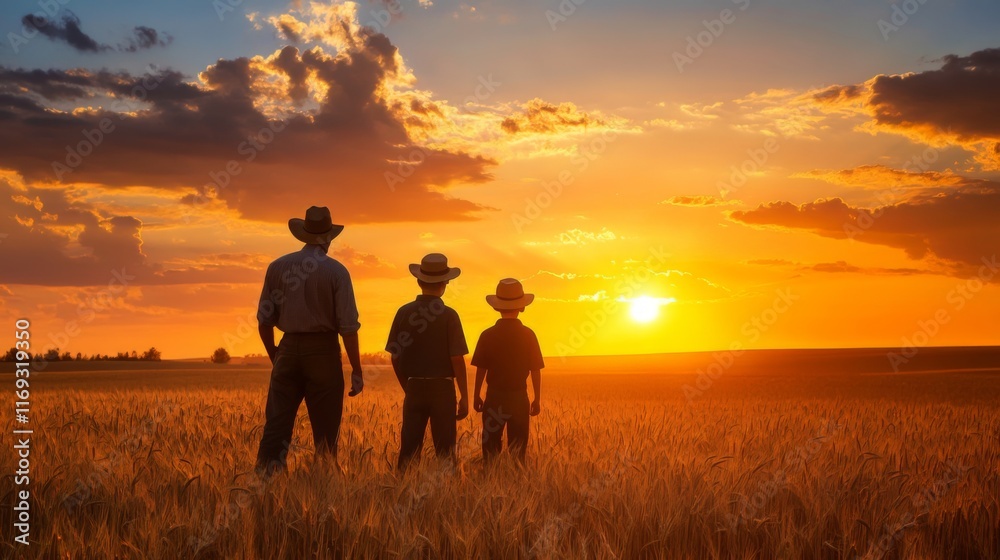 Fototapeta premium Golden Sunset Over a Wheat Field: Family's Legacy